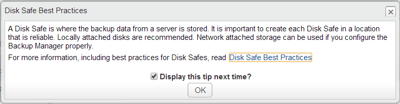 Disk Safe Best Practice window pop-up